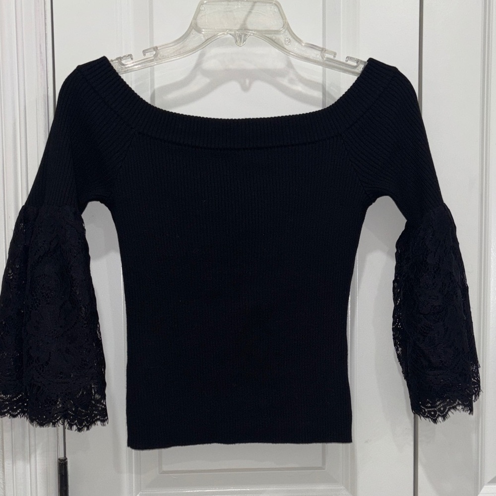 bebe Black Off-the-Shoulder Sweater with Lace Sleeves
